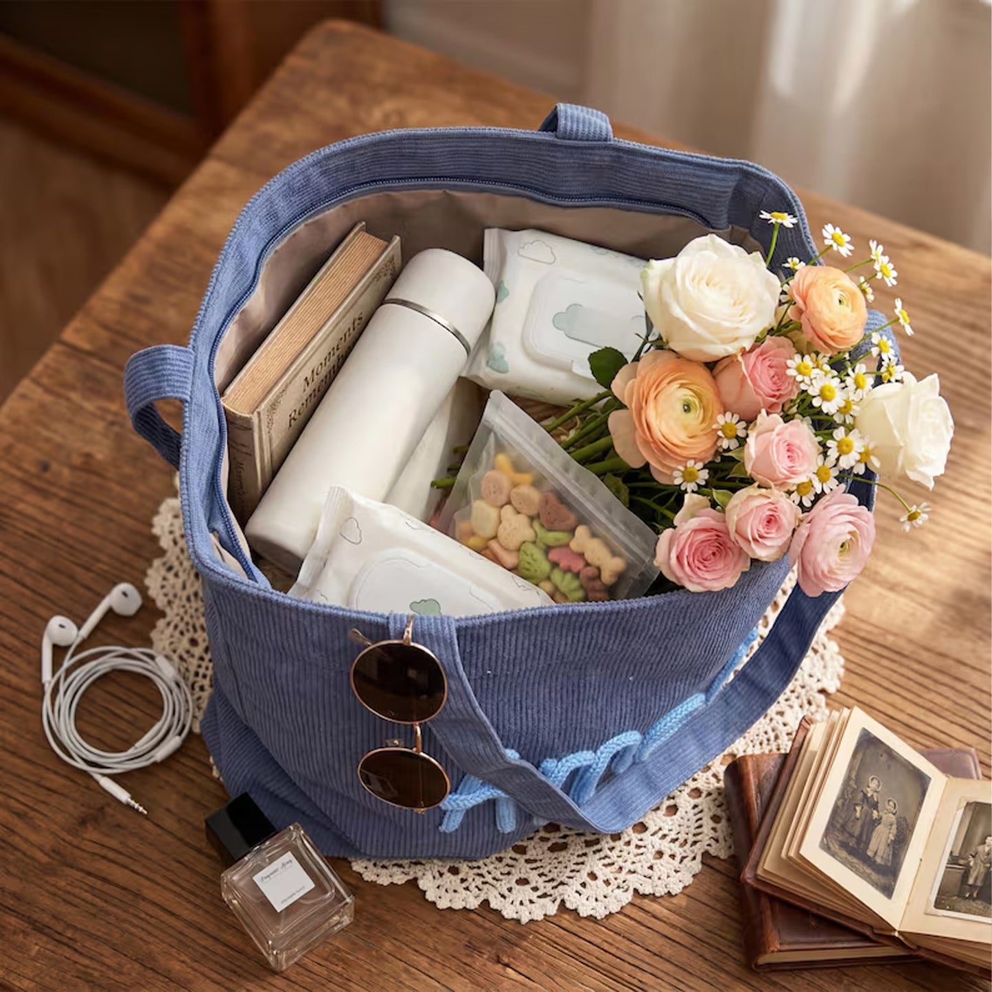 Personalized Tote Bag, Custom Mom Grandma Corduroy Tote, Chunky Yarn Name Purse, Mothers Day Gift 684843