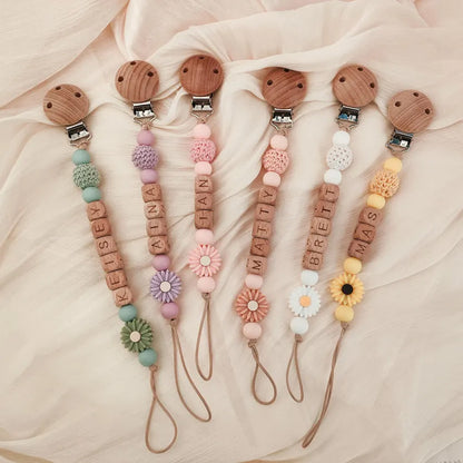 Personalized Baby Pacifier Clip, Custom Name Wooden Bead Dummy Clip, Floral Binky Holder, Baby Shower Gift 686879 WFD
