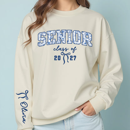 Custom Senior Mom 2027 Coquette Front & Right Sleeve Sweatshirt, Personalized Class of 2027 Graduation Gift 685693