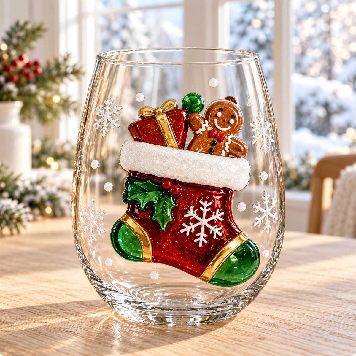 Christmas Stemless Wine Glass, Santa Snowman Reindeer Holiday Drinking Glass, Festive Christmas Gift 686694 WFD