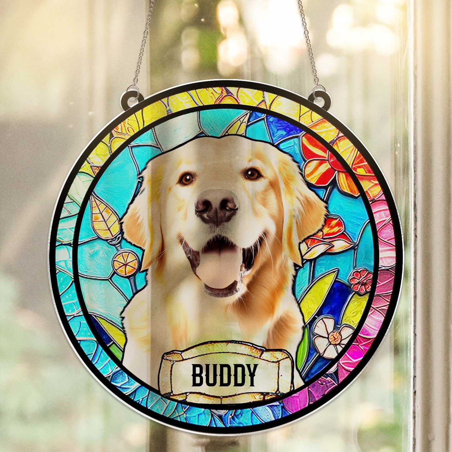 Personalized Dog Portrait Stained Glass Suncatcher, Custom Pet Memorial Suncatcher, Gift for Dog Lovers 685466