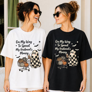 Funny Halloween Ghost Shopping Shirt, On My Way to Spend My Husband’s Money Tee, Fall Pumpkin Sweatshirt 685845