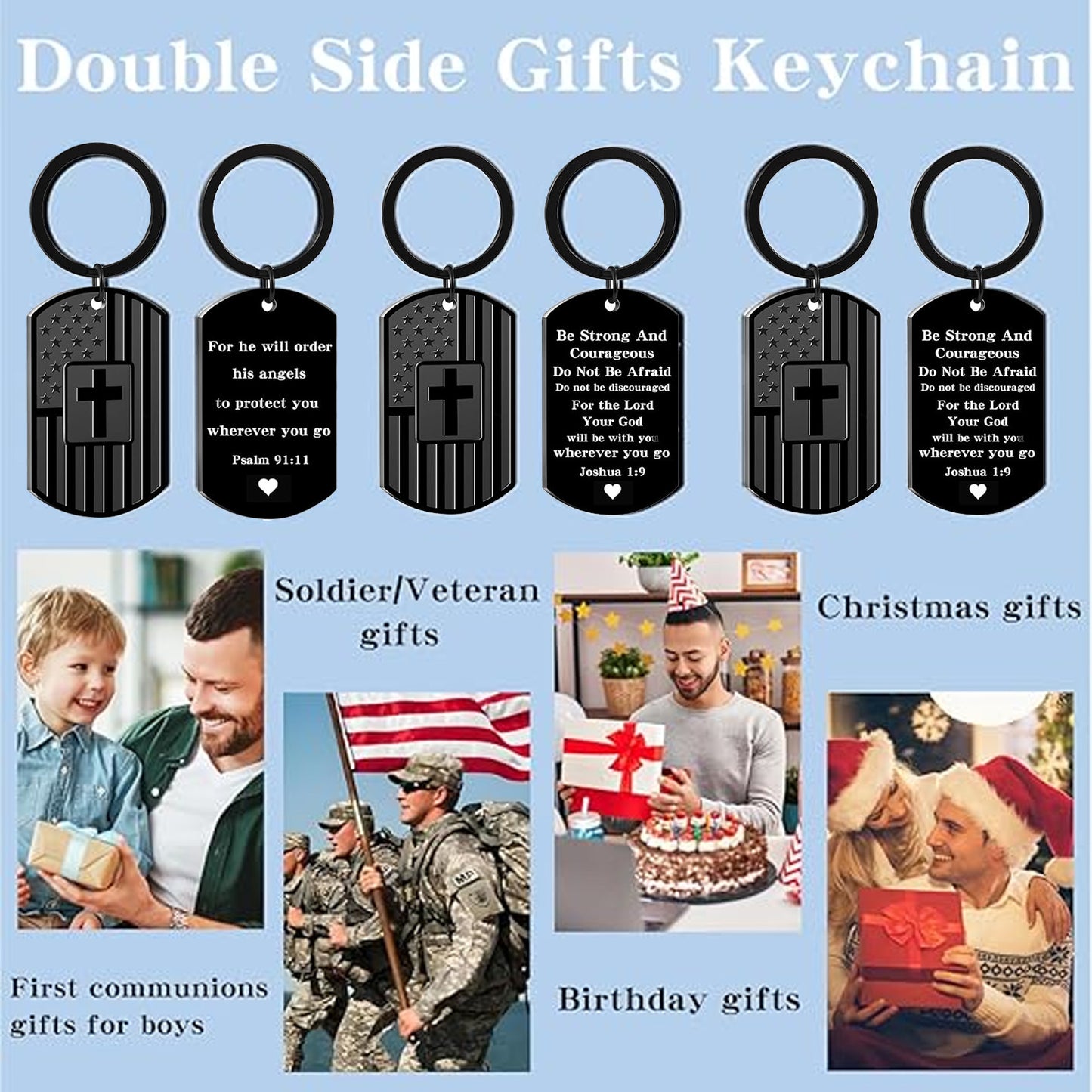 Christian Gift Keychain, Bible Verse Dog Tag Cross Keychain, Black American Flag Keyring, Faith Gift for Men 684047