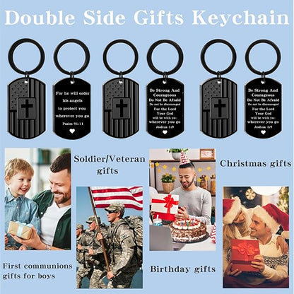 Christian Gift Keychain, Bible Verse Dog Tag Cross Keychain, Black American Flag Keyring, Faith Gift for Men 684047