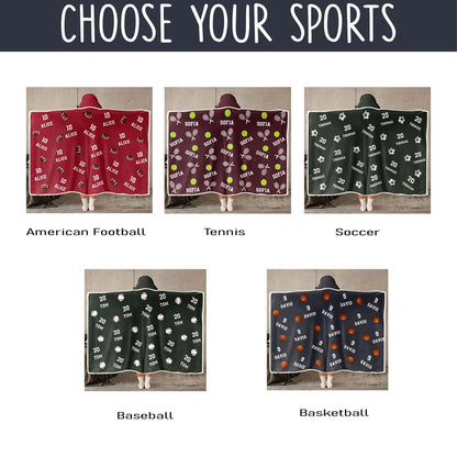 Personalized Sports Hooded Blanket, Custom Name & Number Baseball Soccer Football Kids Gift 686374 WFD