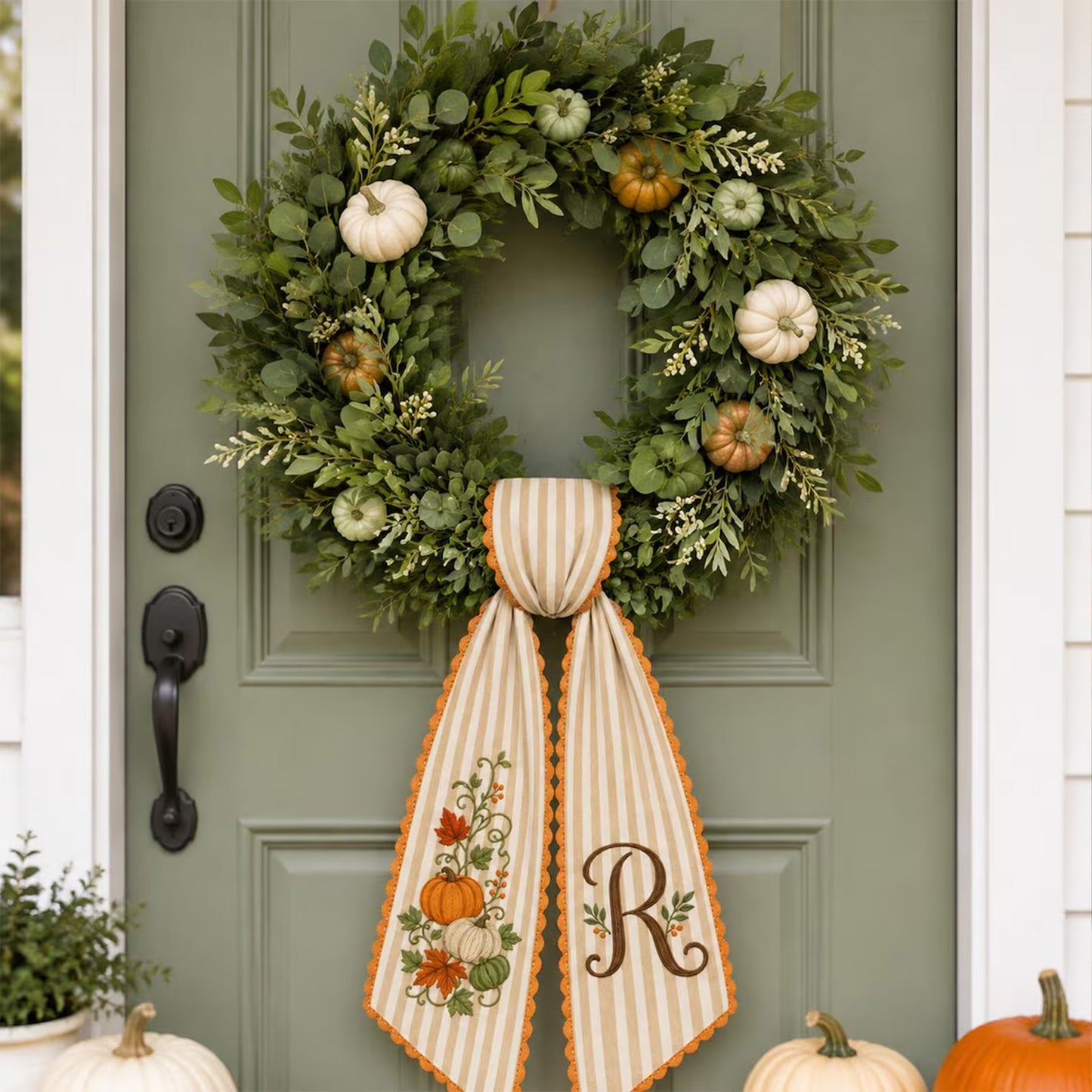 Personalized Fall Wreath Sash, Embroidered Pumpkin Monogram Bow, Custom Initial Autumn Front Door Decor 686157 WFD