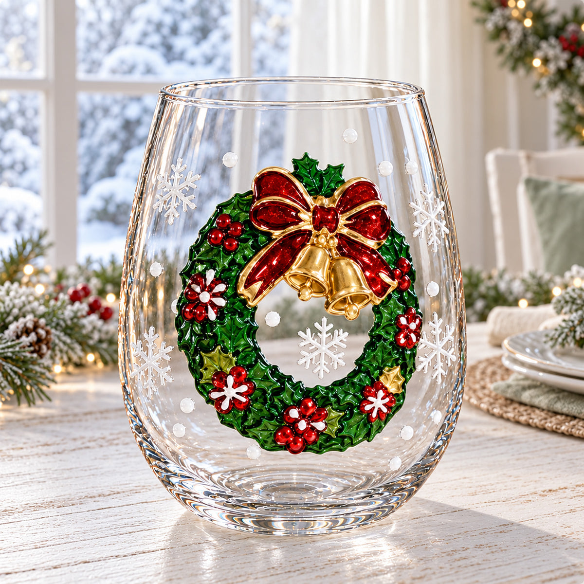 Christmas Stemless Wine Glass, Santa Snowman Reindeer Holiday Drinking Glass, Festive Christmas Gift 686694 WFD