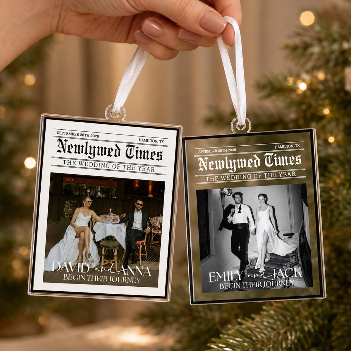 Custom Wedding Photo Newspaper Acrylic Ornament, Personalized Newlywed Times Christmas Ornament 686516 WFD