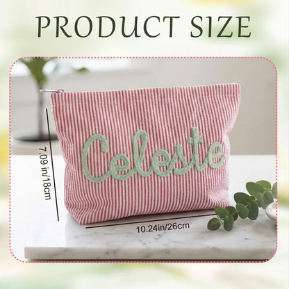 Personalized Seersucker Makeup Bag, Custom Name Travel Pouch, Beach Cosmetic Bag Gift for Her 684924