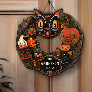 Personalized Halloween Wooden Sign, Custom Family Name Black Cat Pumpkin Vintage Door Hanger Decor 685852