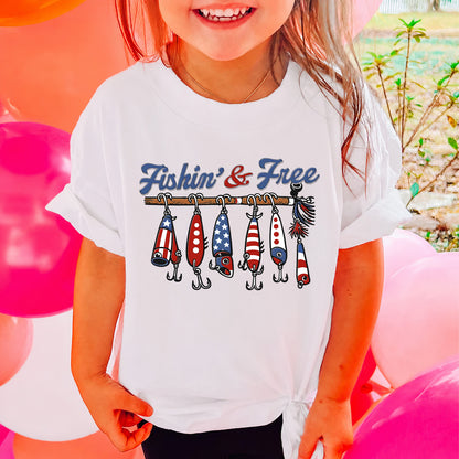 Kids Fishin' And Free Shirt, Patriotic Fishing 250 Years 4th Of July Tee, American Flag Lure Kids Shirt 685309