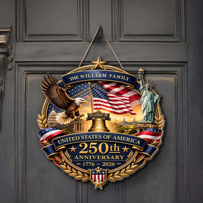 Personalized Family Name 250 Years Patriotic USA Wood Sign, American Eagle 1776-2026 Door Decor 684975