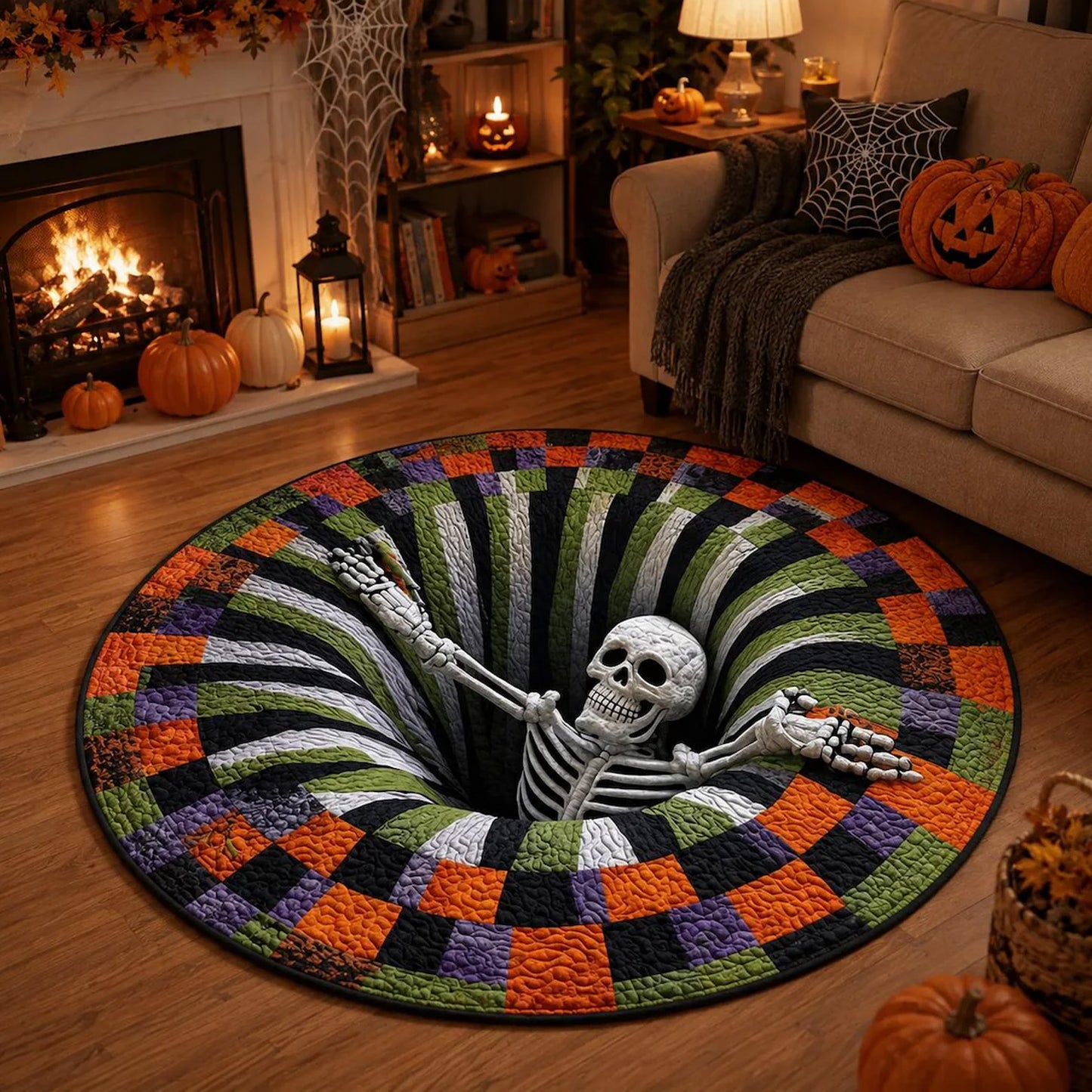 3D Skeleton Halloween Round Rug, Spooky Optical Illusion Floor Mat, Creepy Haunted House Halloween Decor 685932 WFD