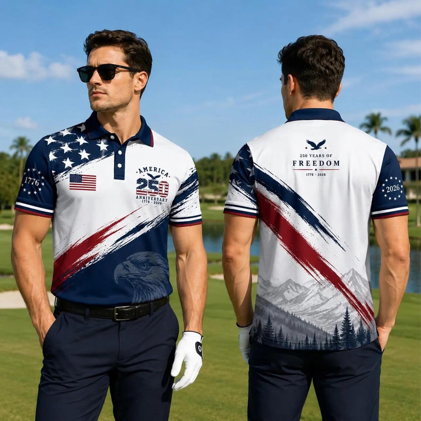 USA 250 Years Patriotic Golf Polo Shirt, 1776-2026 Freedom Eagle AOP Polo Shirt, 4th of July Gift 685399 WFD