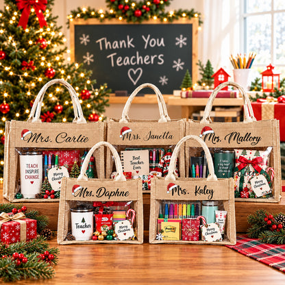 Personalized Teacher Christmas Tote Bag, Custom Name Jute Gift Bag, Christmas Teacher Appreciation Gift 686758 WFD