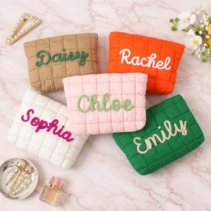 Personalized Quilted Makeup Bag, Custom Name Nylon Cosmetic Pouch, Bridesmaid Gift, Zipper Bag Gift for Her 684812