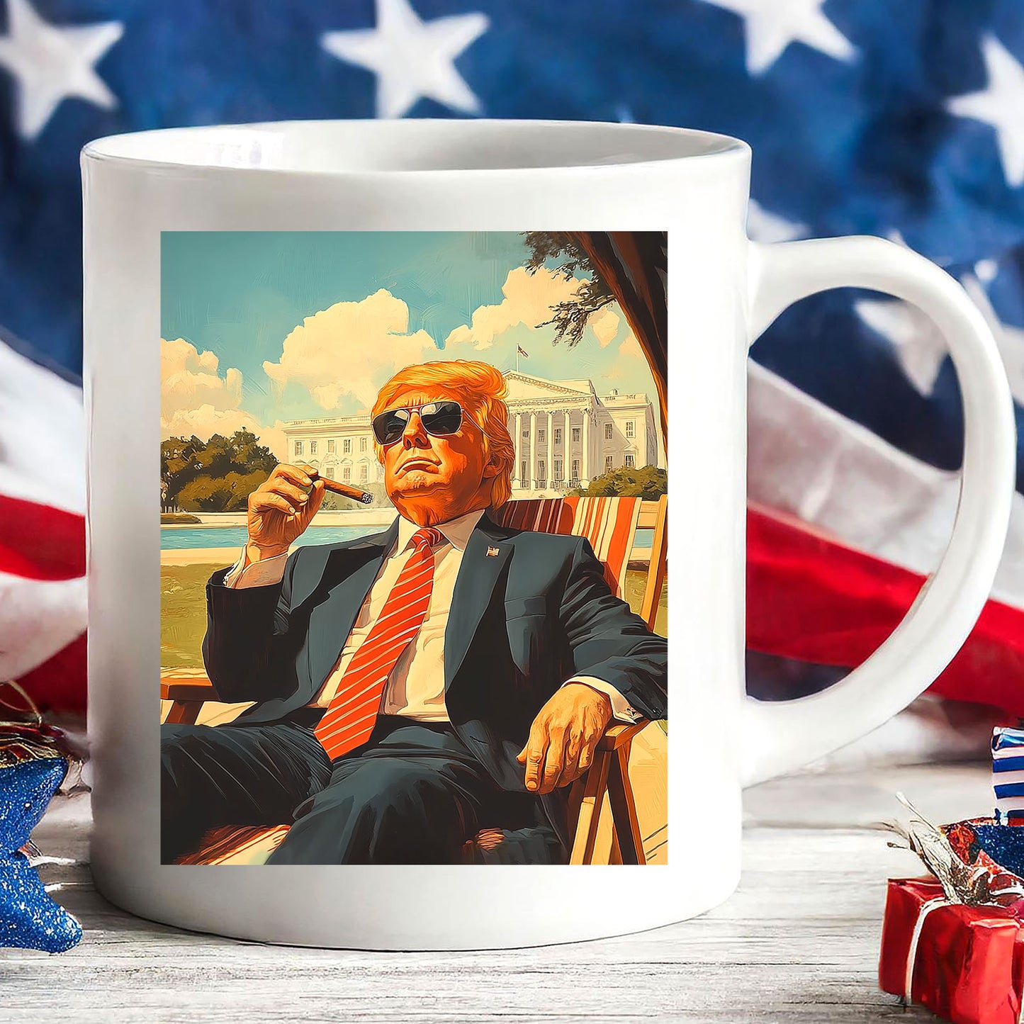 President Trump 47 Mug, Trump Sitting On A Deck Chair, Personalize Custom Mug With Trump Picture, Funny Donald Trump 681993 - GOP