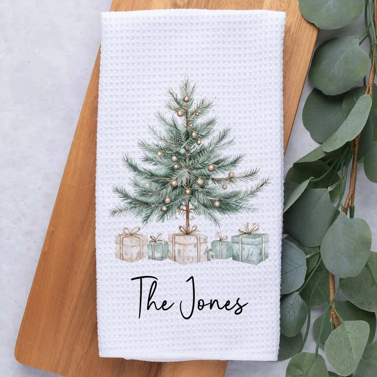 Personalized Christmas Tree Kitchen Towel, Custom Family Name Waffle Weave Tea Towel 686640 WFD