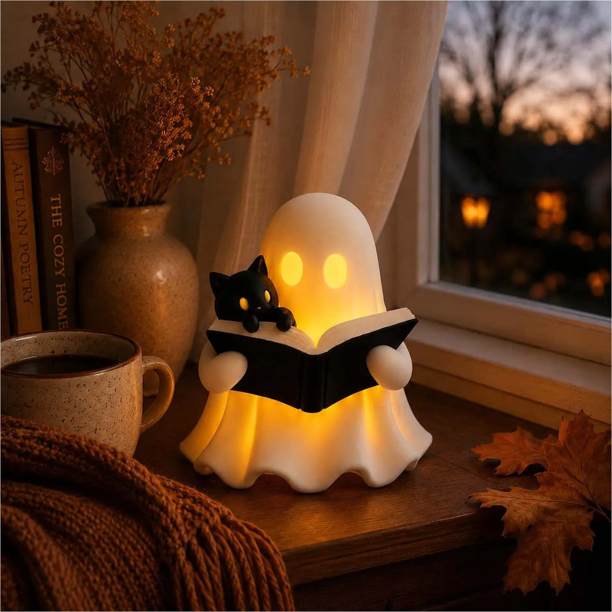 3D Printed Cozy Ghost Reading a Book Night Light, Cute Spooky Cat Lamp, Aesthetic Fall & Halloween Table Decor for Book Lovers 686667 WFD