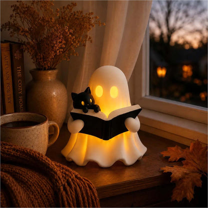 3D Printed Cozy Ghost Reading a Book Night Light, Cute Spooky Cat Lamp, Aesthetic Fall & Halloween Table Decor for Book Lovers 686667 WFD