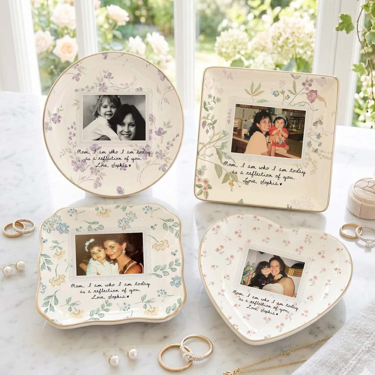 Custom Photo Floral Ceramic Jewelry Dish, Personalized Gift for Mom, Floral Ceramic Trinket Dish with Picture 686544 WFD
