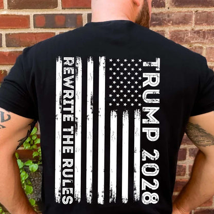 Trump 2028 Shirt with Back Design | MAGA "Rewrite the Rules" Patriotic T-Shirt with USA Flag | Support Trump Apparel | GOP 682281