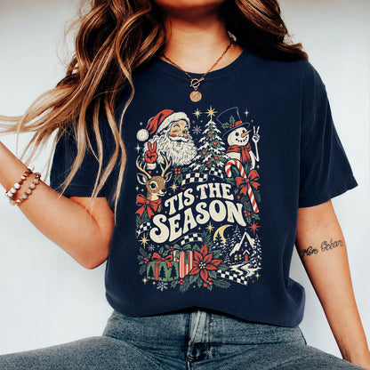 Vintage Santa & Snowman "Tis The Season" Holiday Tee, Retro Christmas Graphic T-Shirt 686631