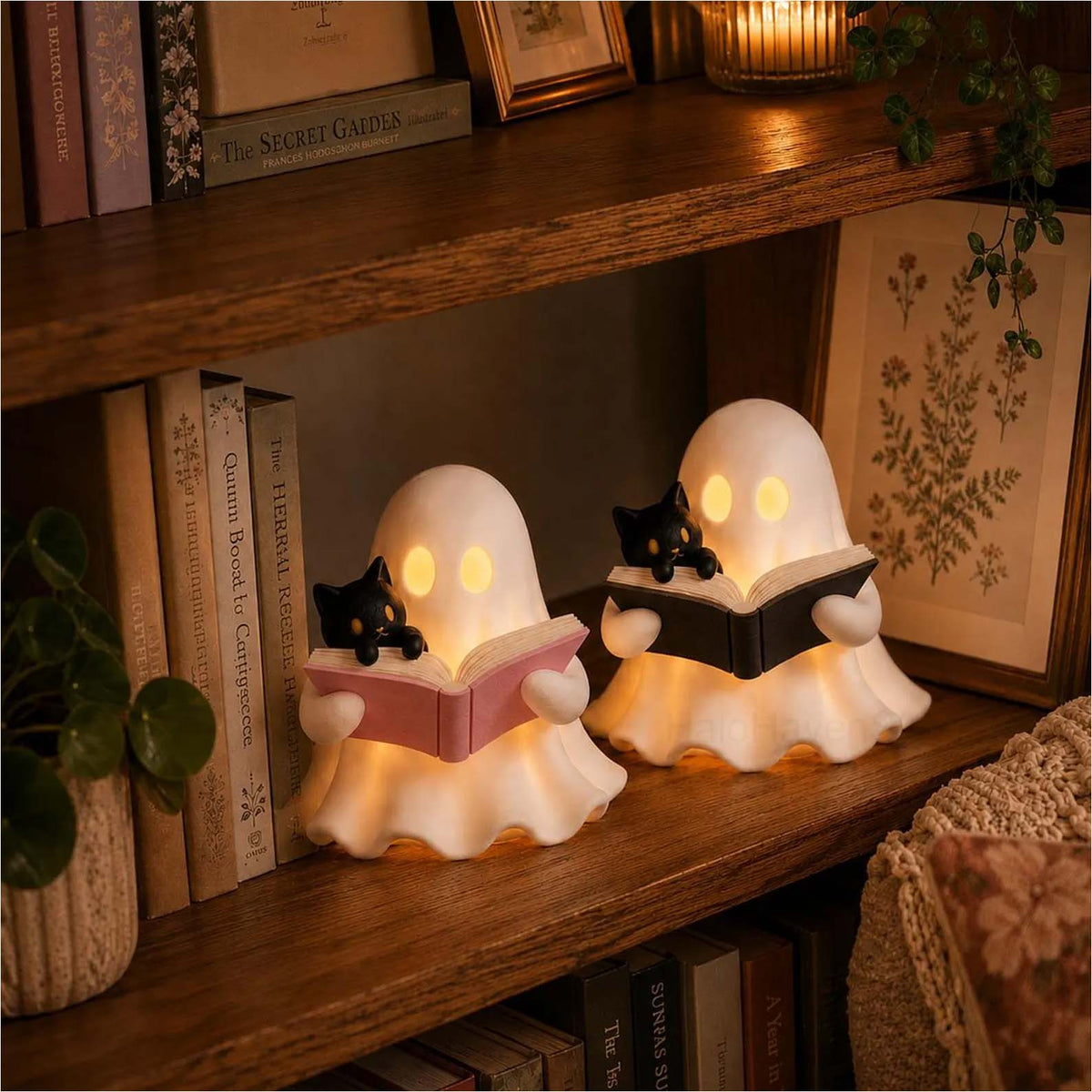 3D Printed Cozy Ghost Reading a Book Night Light, Cute Spooky Cat Lamp, Aesthetic Fall & Halloween Table Decor for Book Lovers 686667 WFD