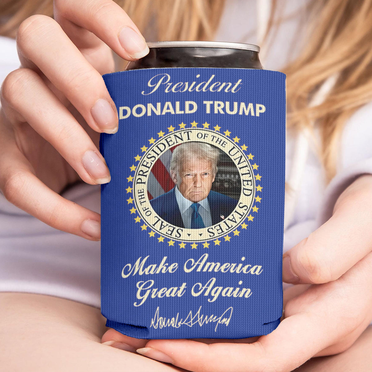 President Donald Trump Can Cooler | US Patriotic Pride Can Holder | MAGA Can Sleeve For Drinks 682407 - GOP
