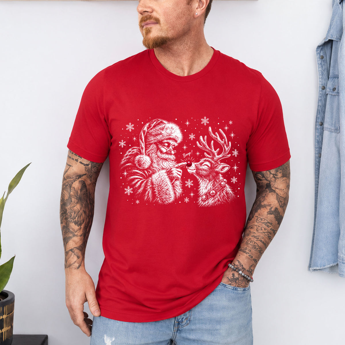 Cute Santa Booping Reindeer Nose T-Shirt, Vintage Christmas Graphic Tee, Holiday Season Apparel 686633
