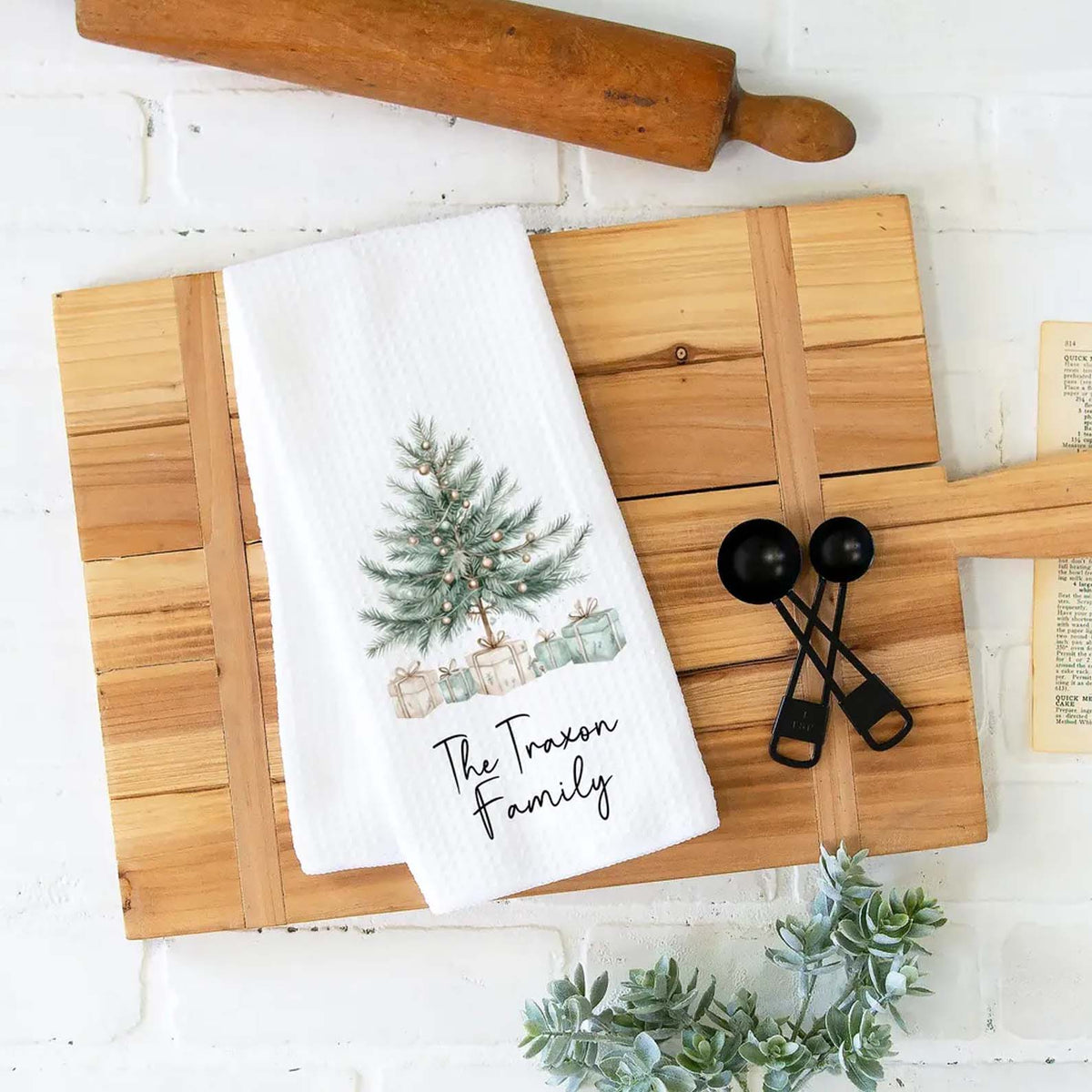 Personalized Christmas Tree Kitchen Towel, Custom Family Name Waffle Weave Tea Towel 686640 WFD