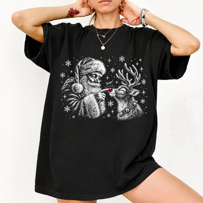 Cute Santa Booping Reindeer Nose T-Shirt, Vintage Christmas Graphic Tee, Holiday Season Apparel 686633