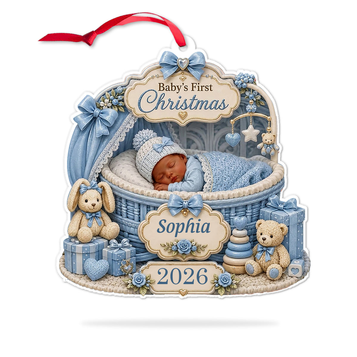 Personalized Baby's First Christmas Acrylic Ornament, Custom Newborn Sleeping in Bassinet Keepsake, Baby Boy Girl 1st Xmas Tree Hanging Decoration Gift 686512