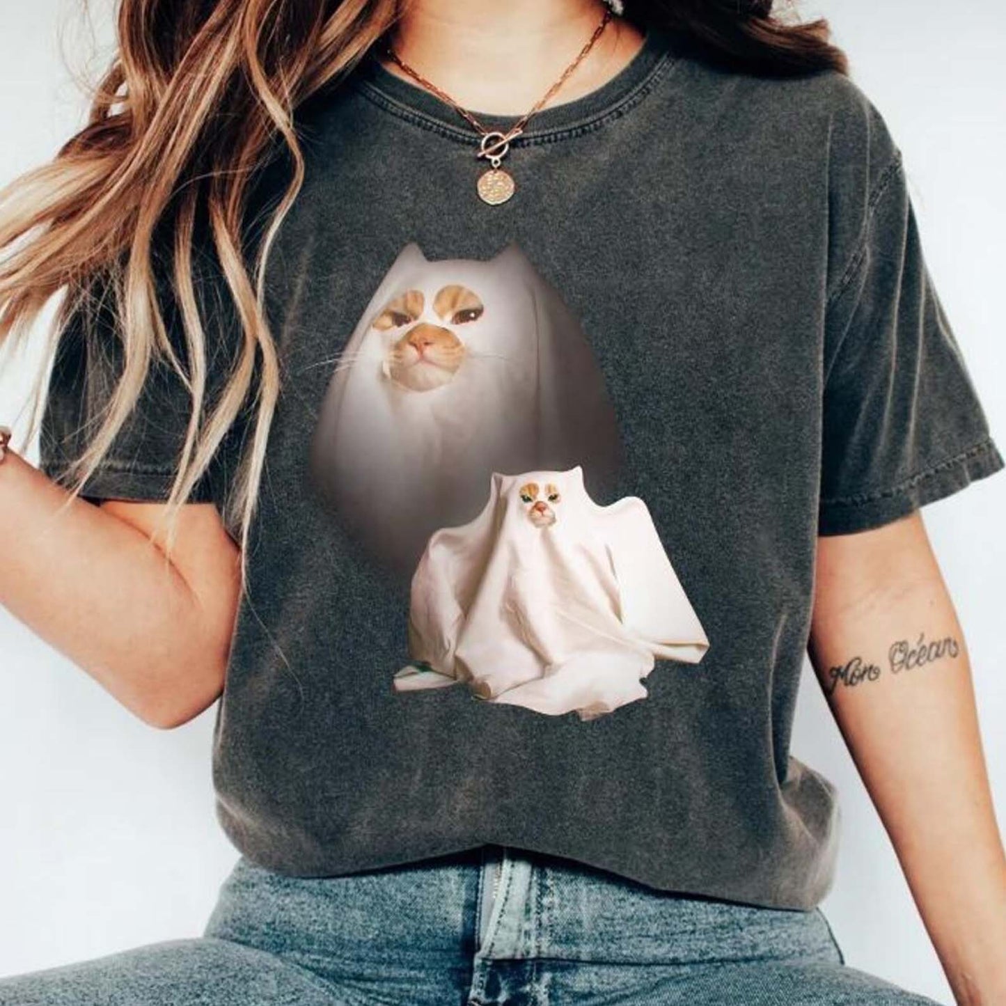 Retro Funny Ghost Kitten Shirt, Unisex Meme Cringe Funny Dumb Shirt, Cat Halloween Shirt, Spooky Season Cat Tee, Gift For Cat Lover BX25