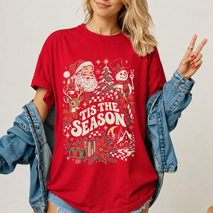 Vintage Santa & Snowman "Tis The Season" Holiday Tee, Retro Christmas Graphic T-Shirt 686631
