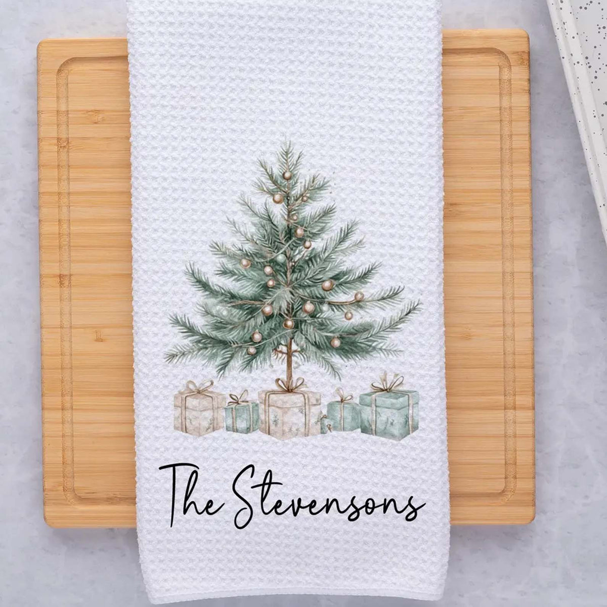 Personalized Christmas Tree Kitchen Towel, Custom Family Name Waffle Weave Tea Towel 686640 WFD
