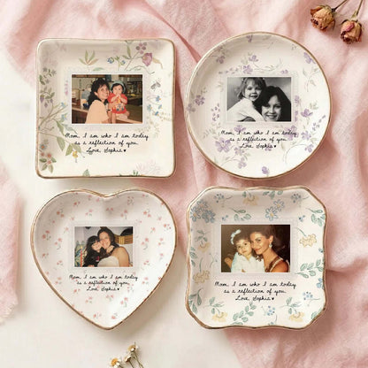 Custom Photo Floral Ceramic Jewelry Dish, Personalized Gift for Mom, Floral Ceramic Trinket Dish with Picture 686544 WFD