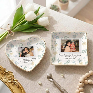 Custom Photo Floral Ceramic Jewelry Dish, Personalized Gift for Mom, Floral Ceramic Trinket Dish with Picture 686544 WFD