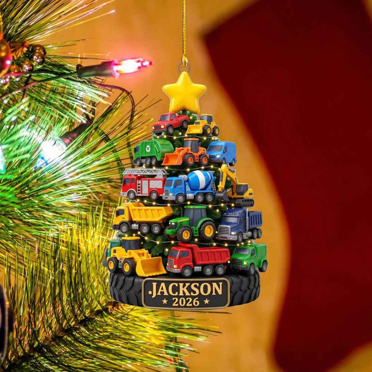 Personalized Construction Trucks Christmas Tree Acrylic Ornament, Custom Name Kid Truck Lover Ornament, Xmas Tree Decor Gift 686724 WFD