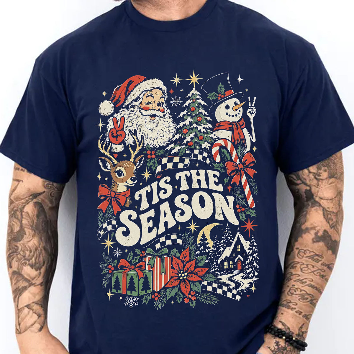 Vintage Santa & Snowman "Tis The Season" Holiday Tee, Retro Christmas Graphic T-Shirt 686631
