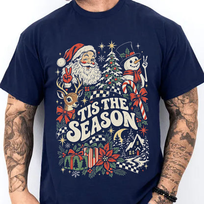 Vintage Santa & Snowman "Tis The Season" Holiday Tee, Retro Christmas Graphic T-Shirt 686631