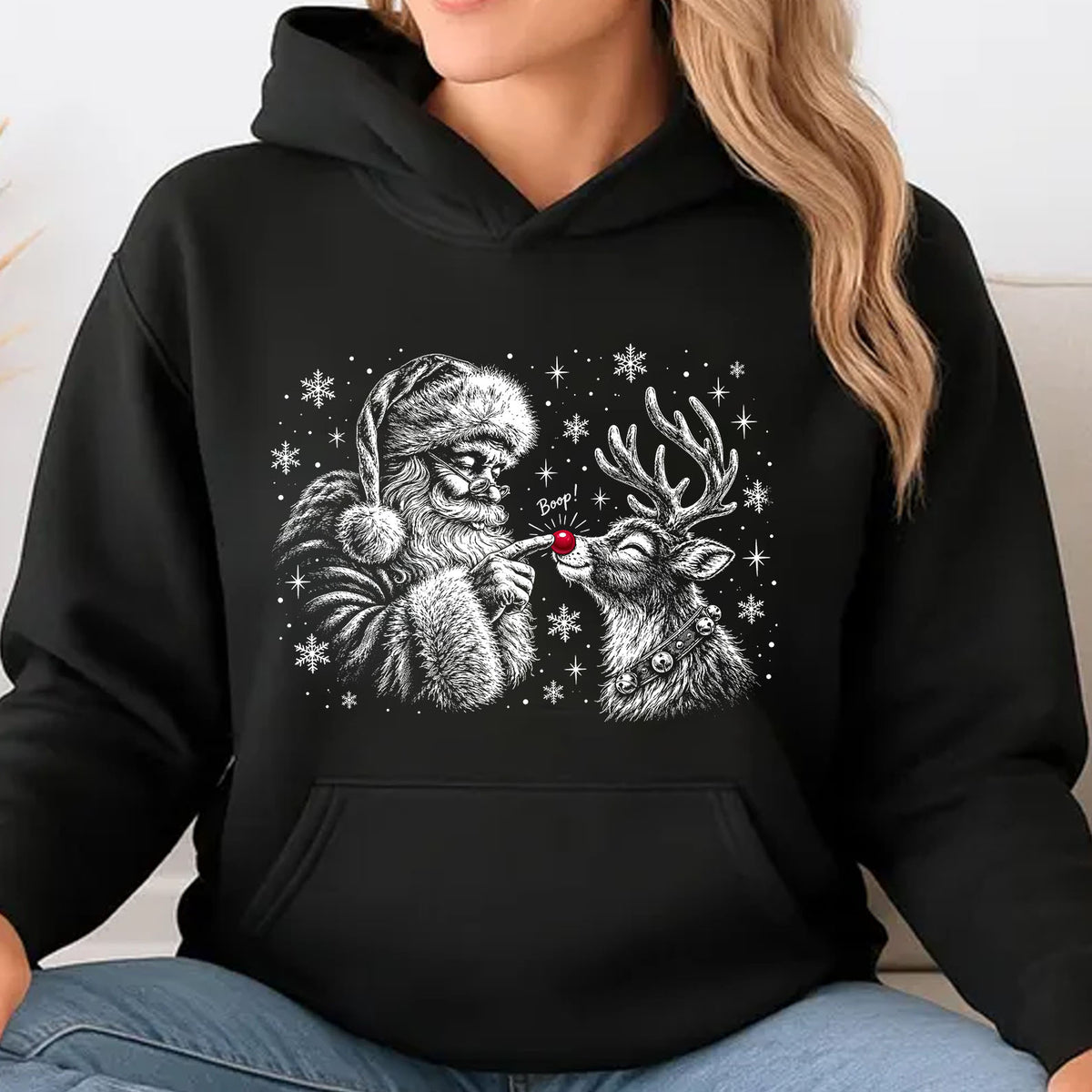 Cute Santa Booping Reindeer Nose T-Shirt, Vintage Christmas Graphic Tee, Holiday Season Apparel 686633