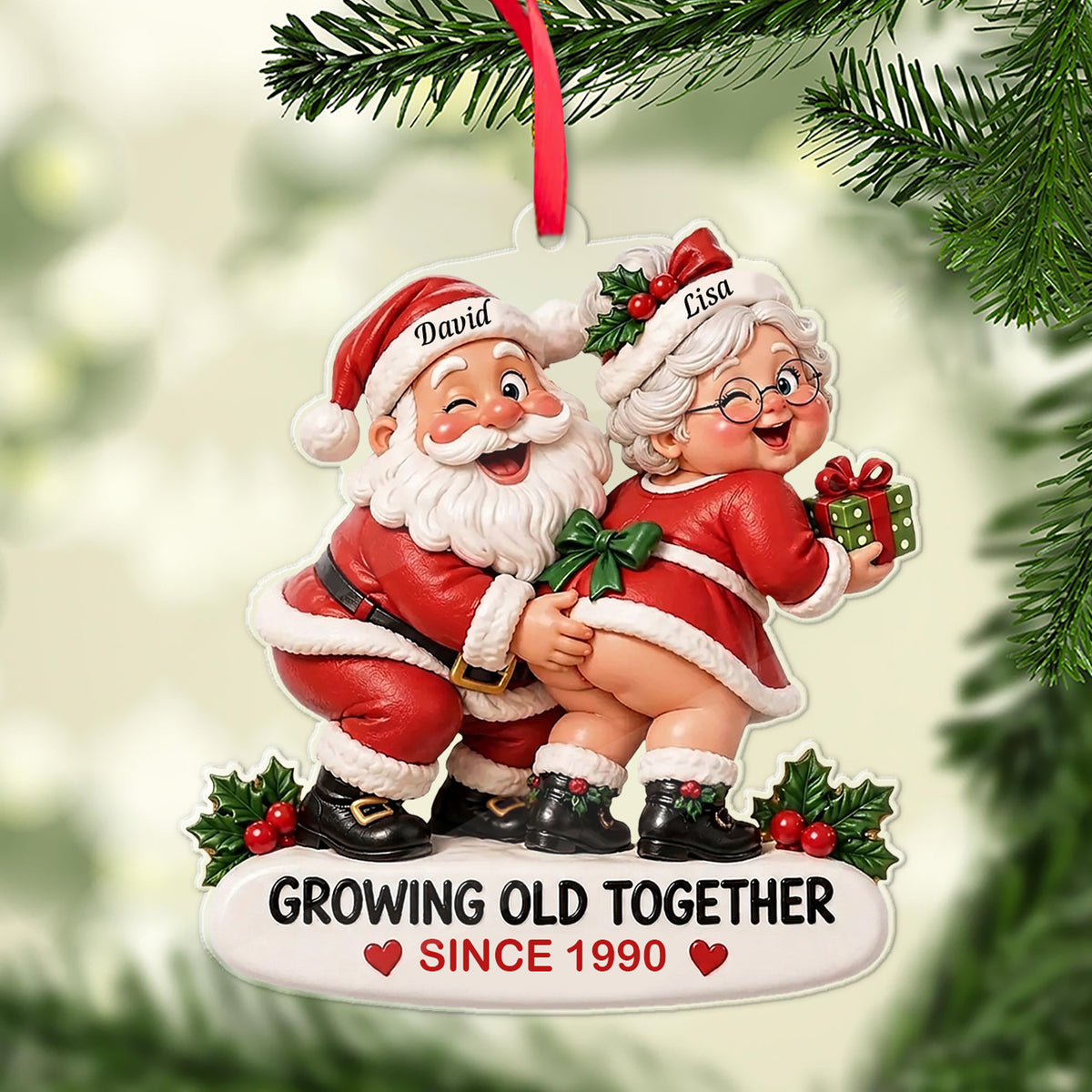 Personalized Naughty Santa & Mrs Claus Christmas Acrylic Ornament, Growing Old Together Custom Name & Year, Funny Couples Xmas Tree Decor Gift 686509