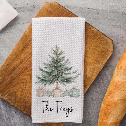 Personalized Christmas Tree Kitchen Towel, Custom Family Name Waffle Weave Tea Towel 686640 WFD