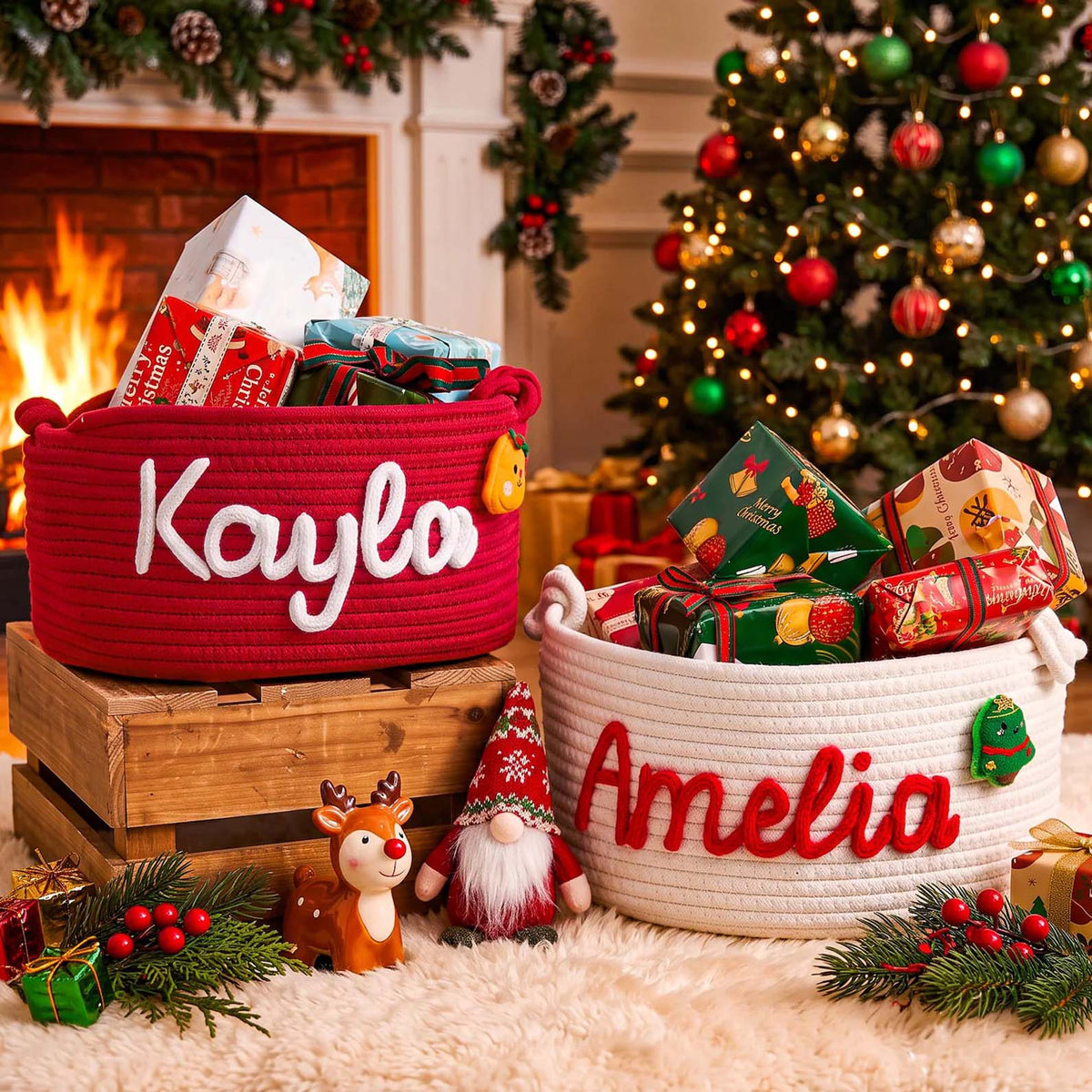 Personalized Christmas Handmade Basket with Name, Custom Embroidery Xmas Gift Basket 686717 WFD