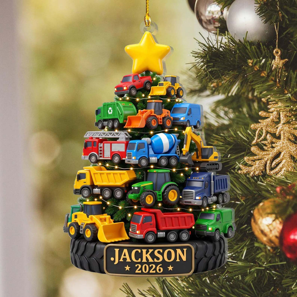 Personalized Construction Trucks Christmas Tree Acrylic Ornament, Custom Name Kid Truck Lover Ornament, Xmas Tree Decor Gift 686724 WFD
