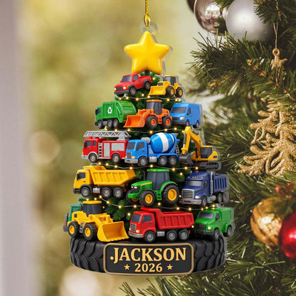 Personalized Construction Trucks Christmas Tree Acrylic Ornament, Custom Name Kid Truck Lover Ornament, Xmas Tree Decor Gift 686724 WFD