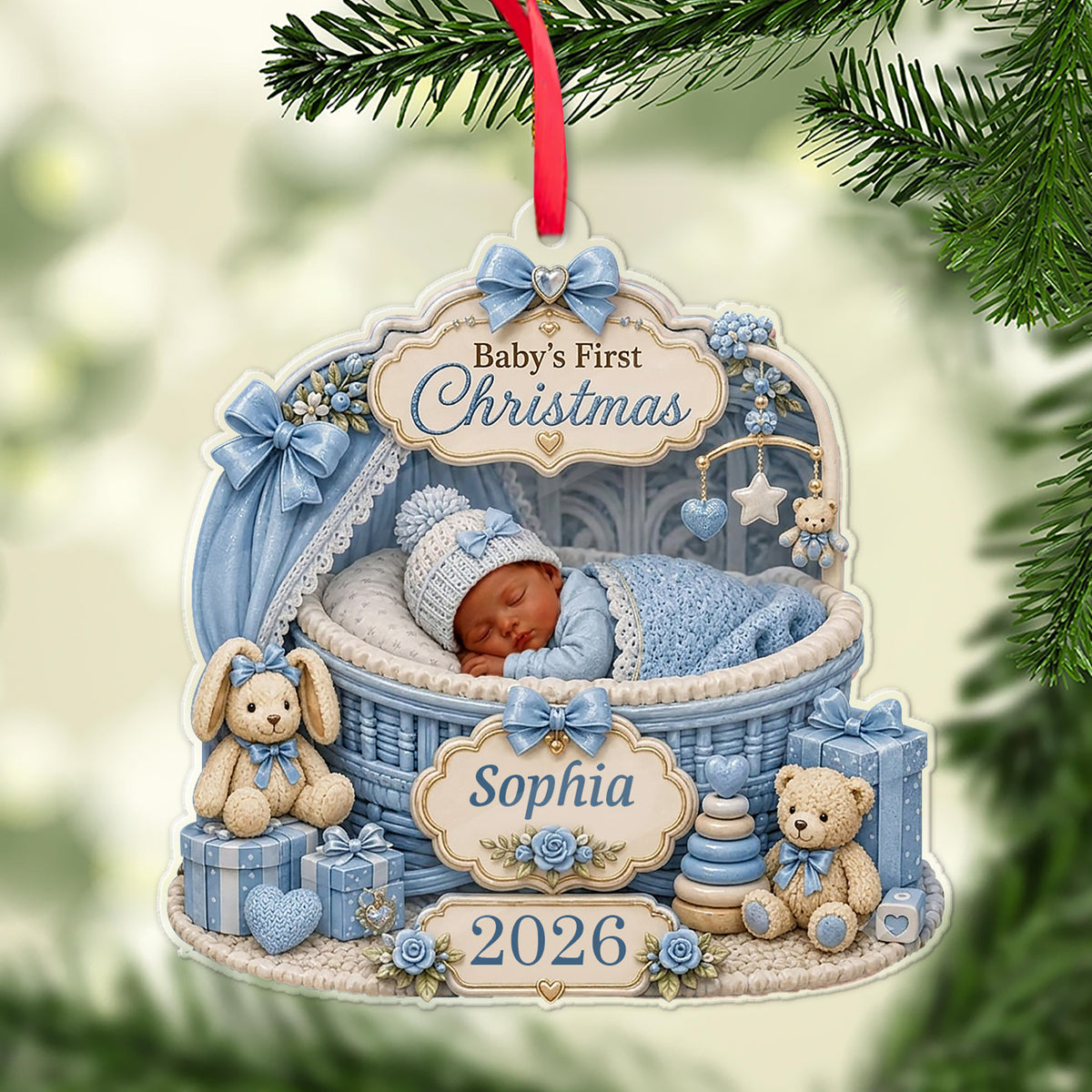 Personalized Baby's First Christmas Acrylic Ornament, Custom Newborn Sleeping in Bassinet Keepsake, Baby Boy Girl 1st Xmas Tree Hanging Decoration Gift 686512