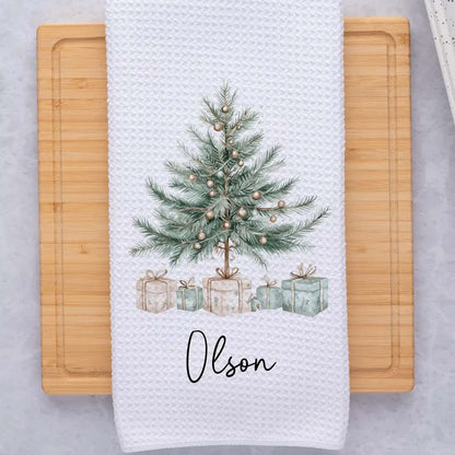 Personalized Christmas Tree Kitchen Towel, Custom Family Name Waffle Weave Tea Towel 686640 WFD