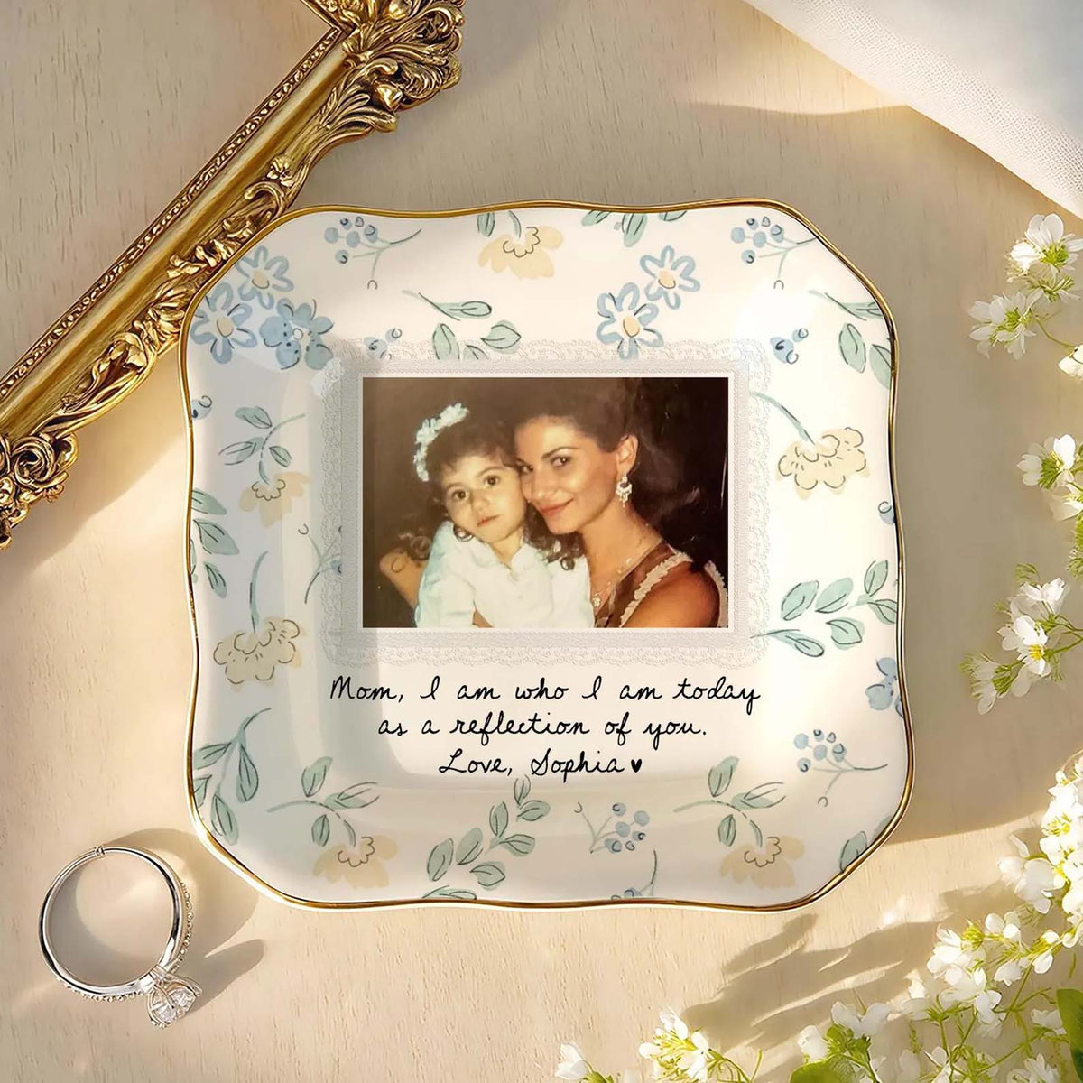 Custom Photo Floral Ceramic Jewelry Dish, Personalized Gift for Mom, Floral Ceramic Trinket Dish with Picture 686544 WFD